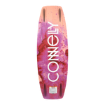 Bottom view of the Wild Child wakeboard with bold white logo over pink-orange marbled design.