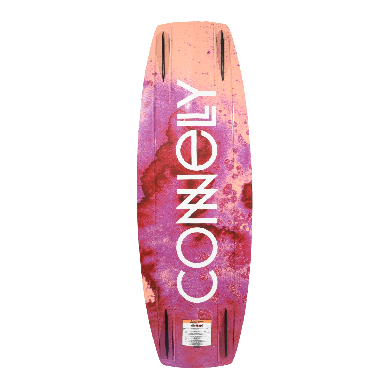 Bottom view of the Wild Child wakeboard with bold white logo over pink-orange marbled design.