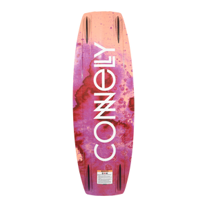 Bottom view of the Wild Child wakeboard with bold white logo over pink-orange marbled design.