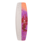 Top view of the Wild Child wakeboard with woodgrain and orange-pink marbled design.