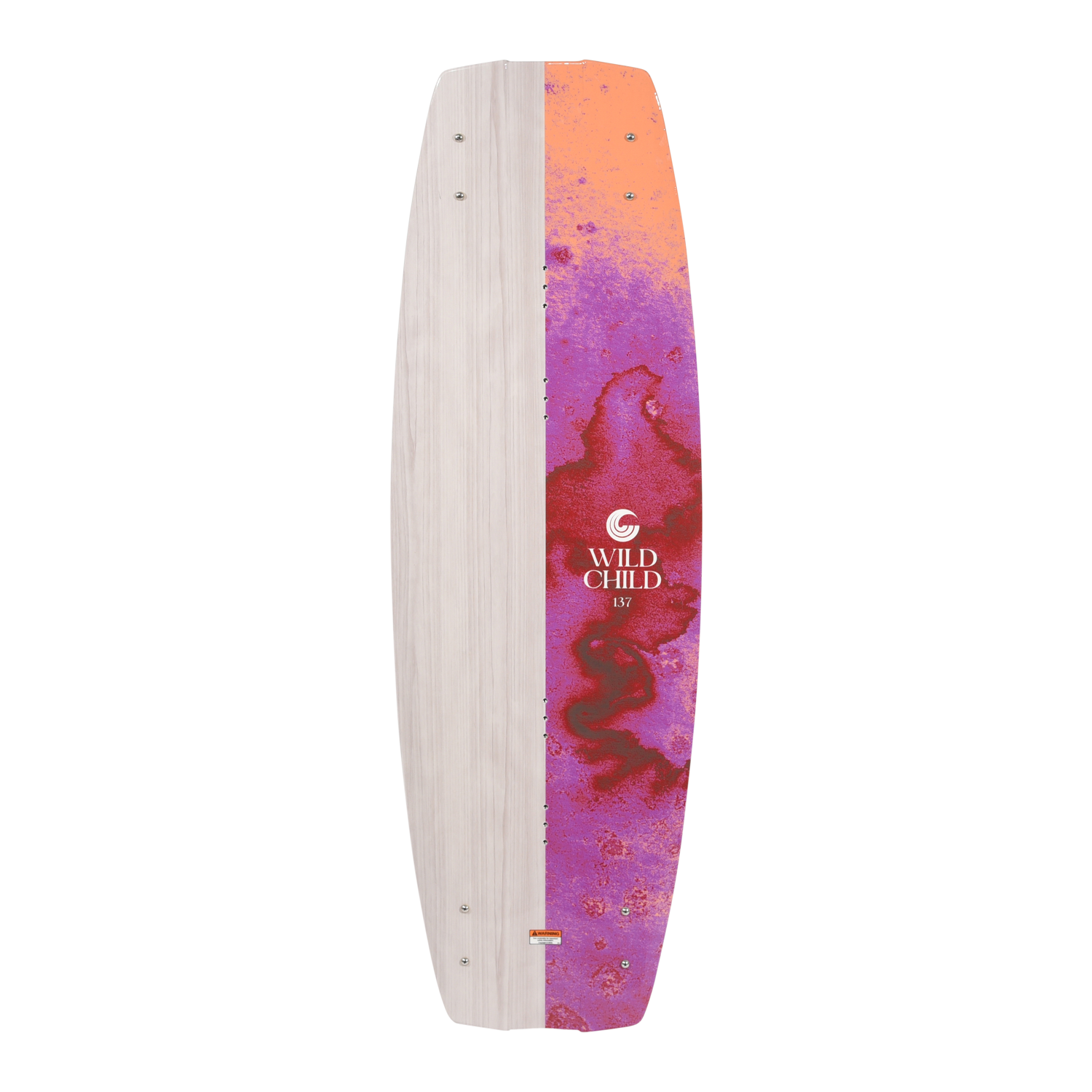 Top view of the Wild Child wakeboard with woodgrain and orange-pink marbled design.