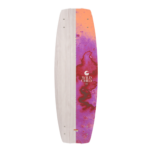 Top view of the Wild Child wakeboard with woodgrain and orange-pink marbled design.