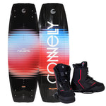 Top and bottom view of Reverb wakeboard in red and blue gradient with black Faction bindings.