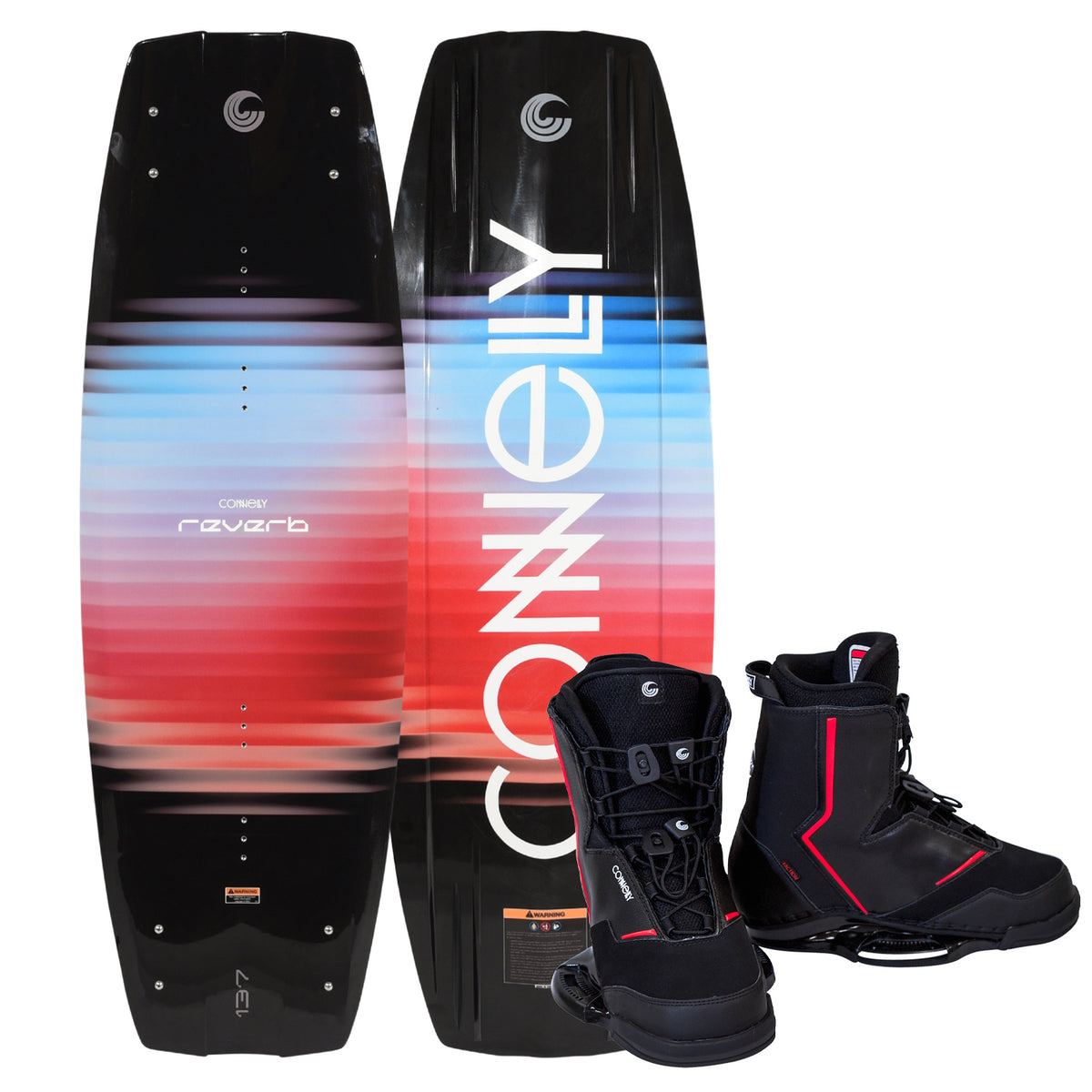 Top and bottom view of Reverb wakeboard in red and blue gradient with black Faction bindings.