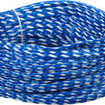 Coiled blue and white Deluxe 2-Person Tube Rope with a durable weave, designed for towing two riders.