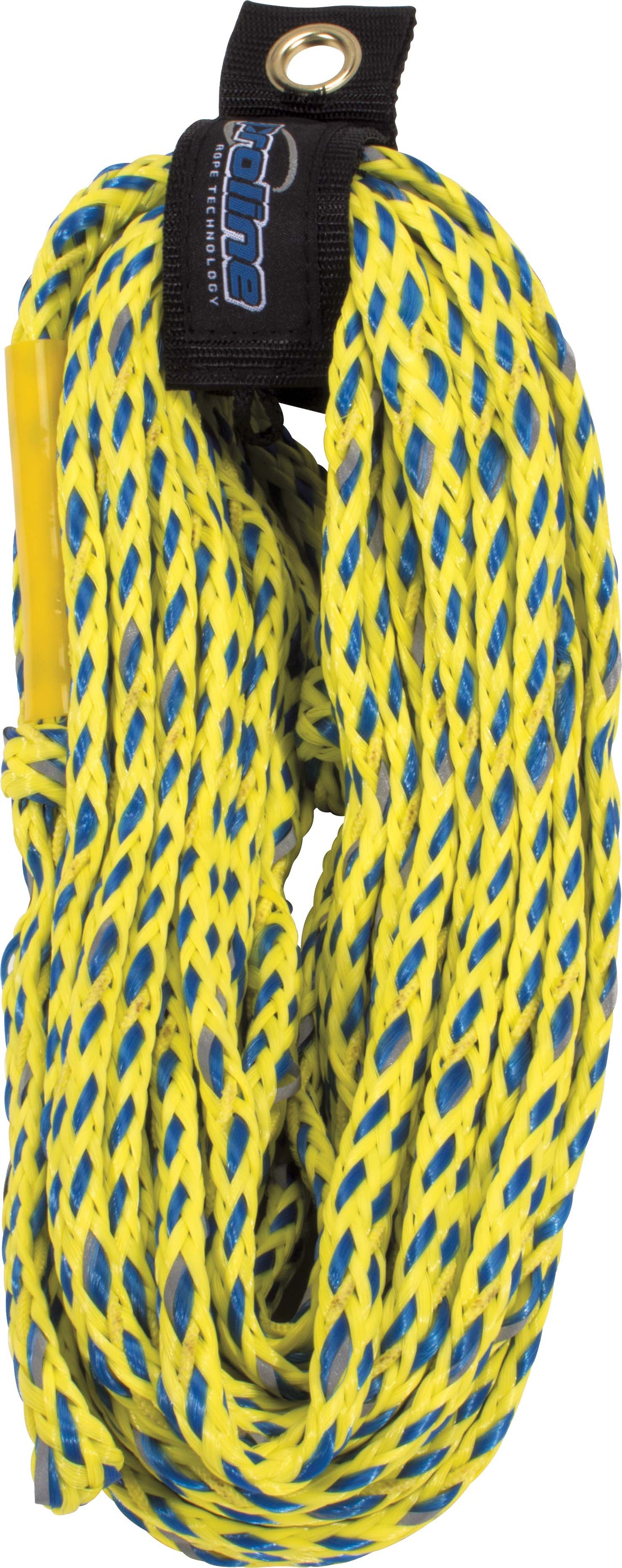 60' 2-rider safety tube rope in volt yellow and blue with floating neoprene strand, reflective tape, and a rope keeper.