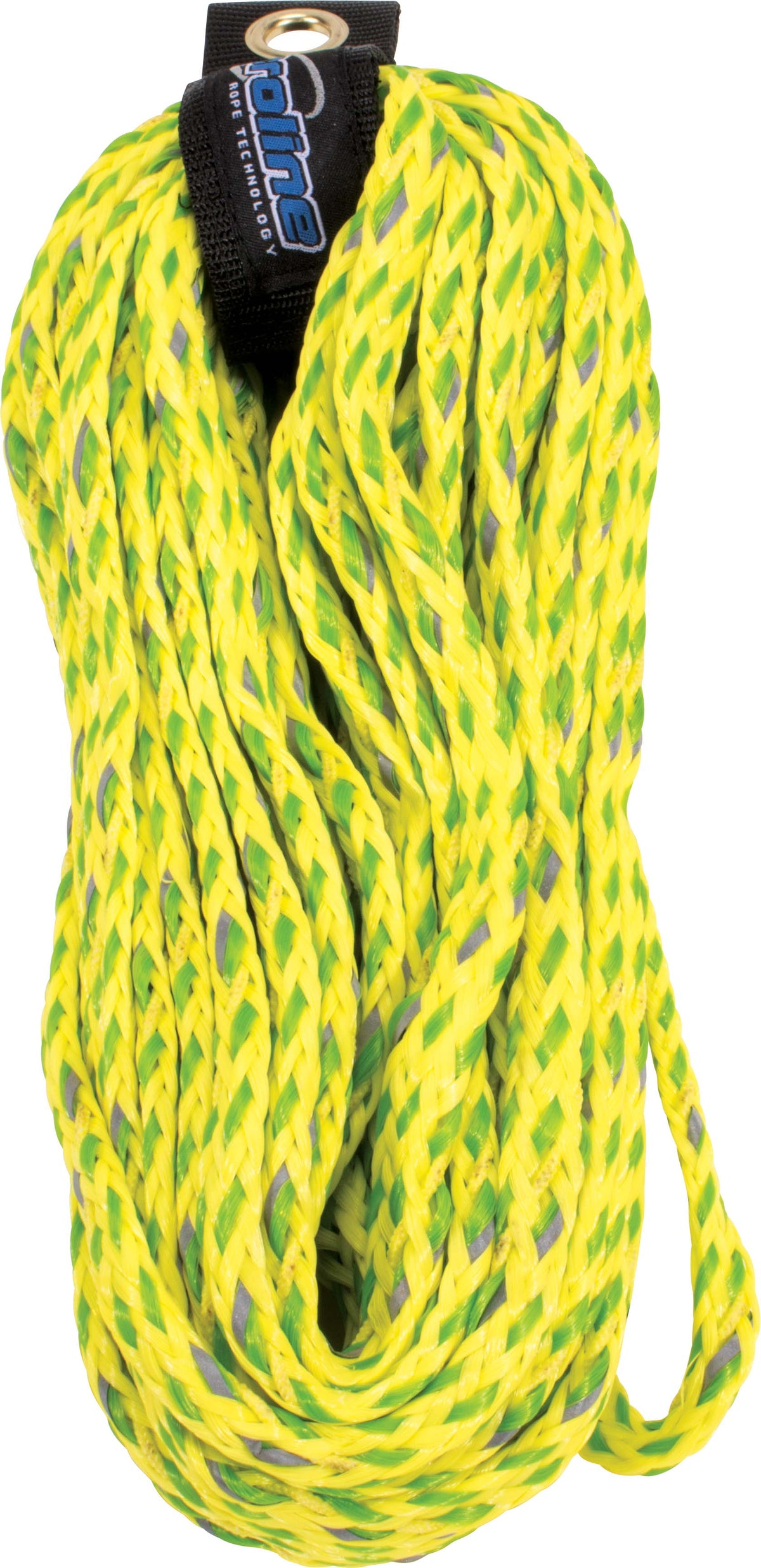 60' 2-rider safety tube rope in volt yellow and green with floating neoprene strand, reflective tape, and a rope keeper.