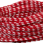 Coiled Heavy Duty 4-Person Tube Rope in red and white with a braided design and reinforced yellow handle attachment.