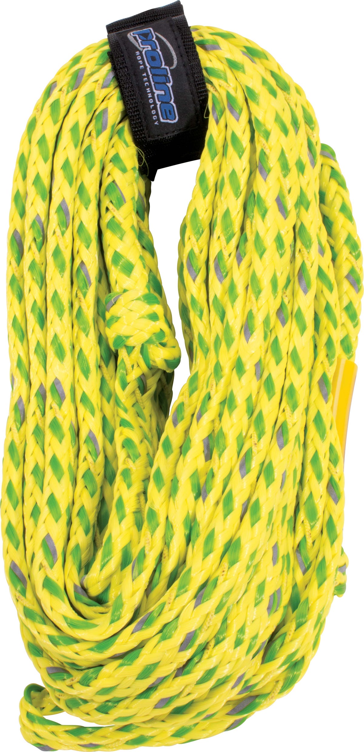 Coiled 4-rider safety tube rope in volt yellow and green, secured with black Proline-branded strap.