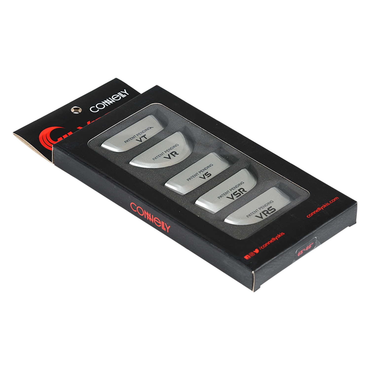 Angled view of the Versatail Kit for 65"-66" skis in black packaging with multiple tail pieces.