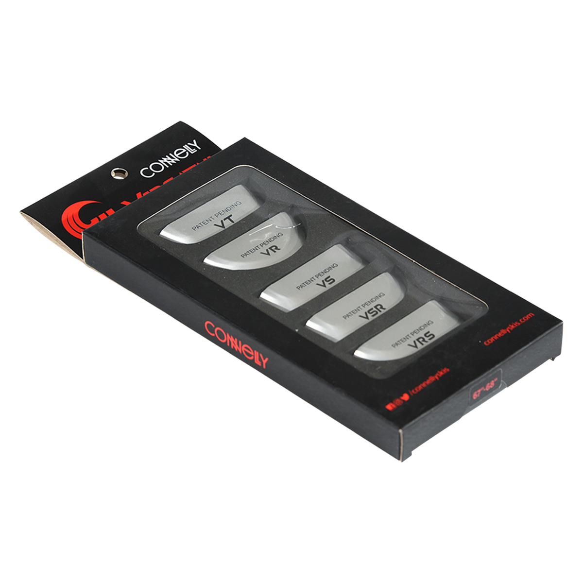 Angled view of the Versatail Kit for 67"-68" skis in black packaging with multiple tail pieces.