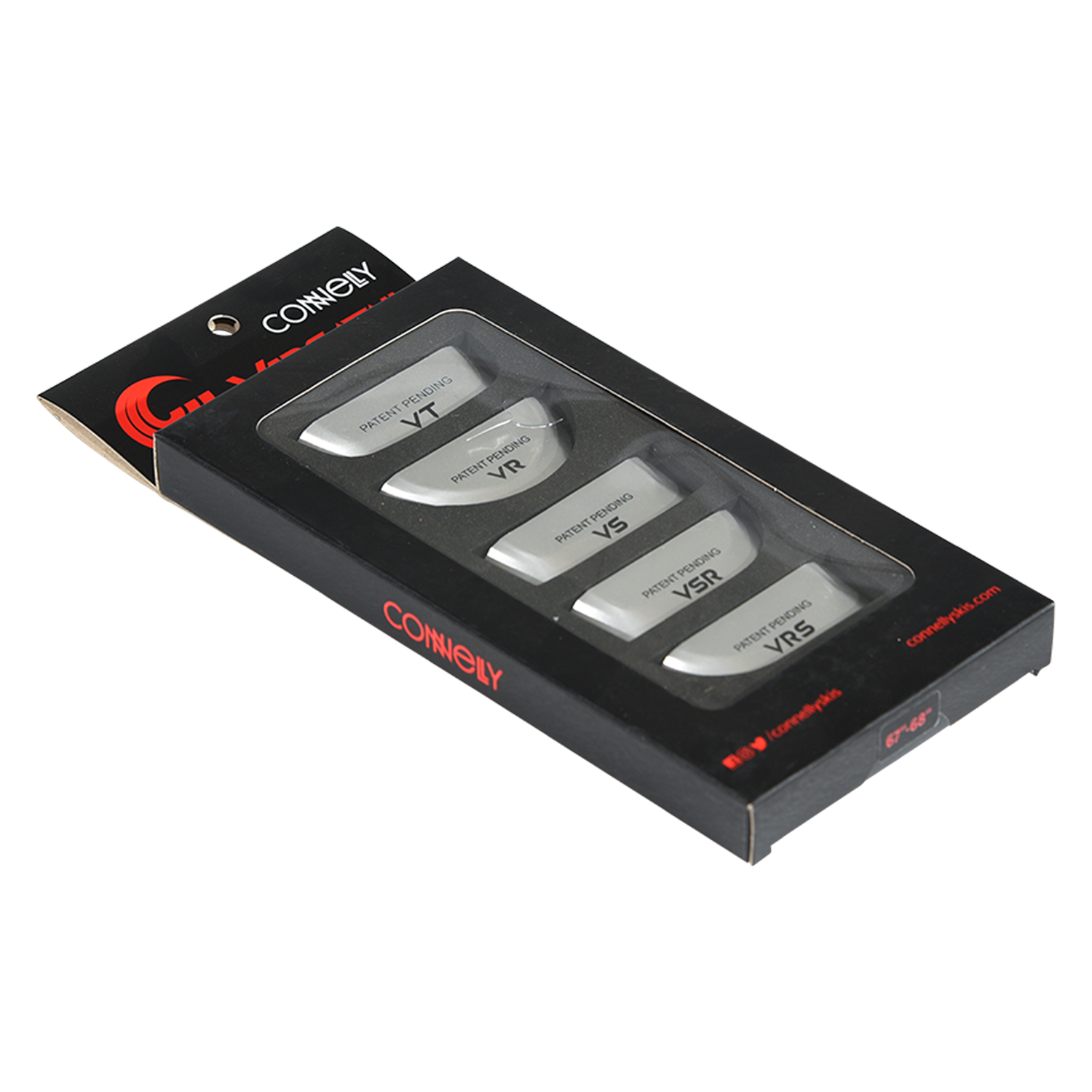 Angled view of the Versatail Kit for 67"-68" skis in black packaging with multiple tail pieces.