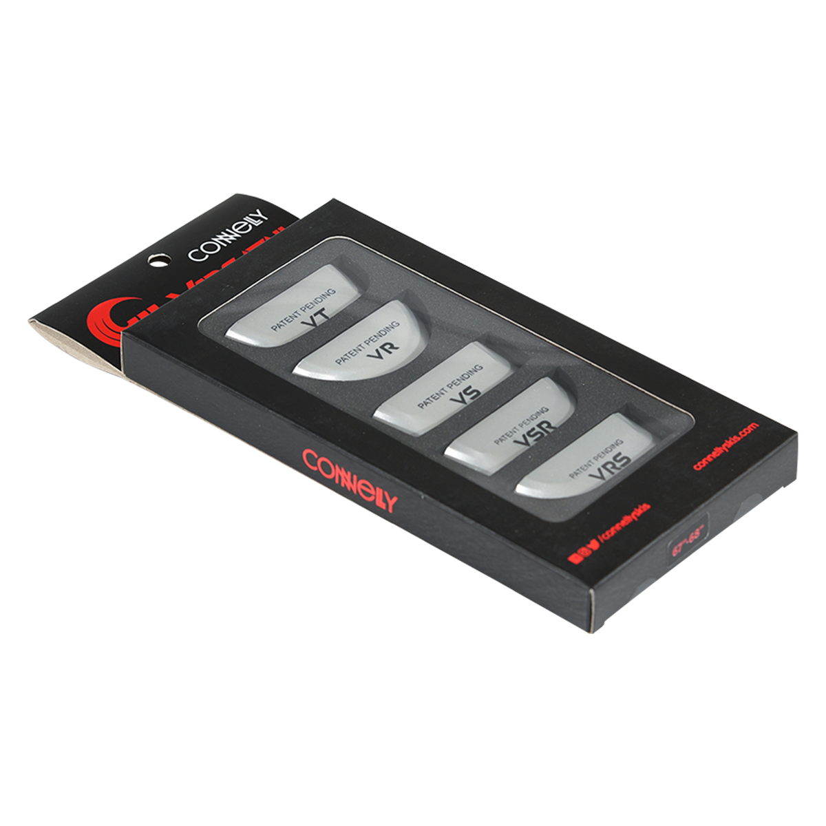 Angled view of the Versatail Kit for 65"-66" skis in black packaging with multiple tail pieces.