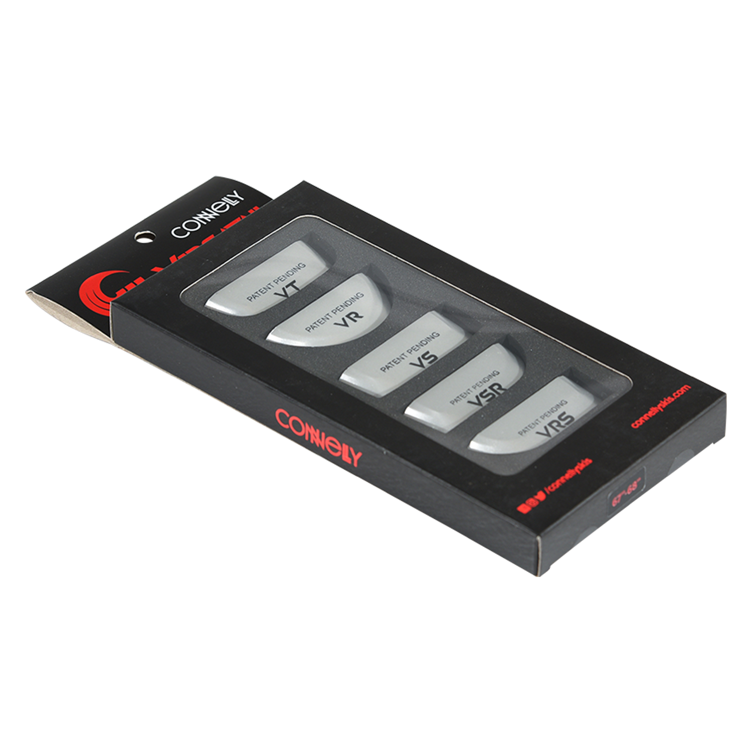 Angled view of the Versatail Kit for 65"-66" skis in black packaging with multiple tail pieces.