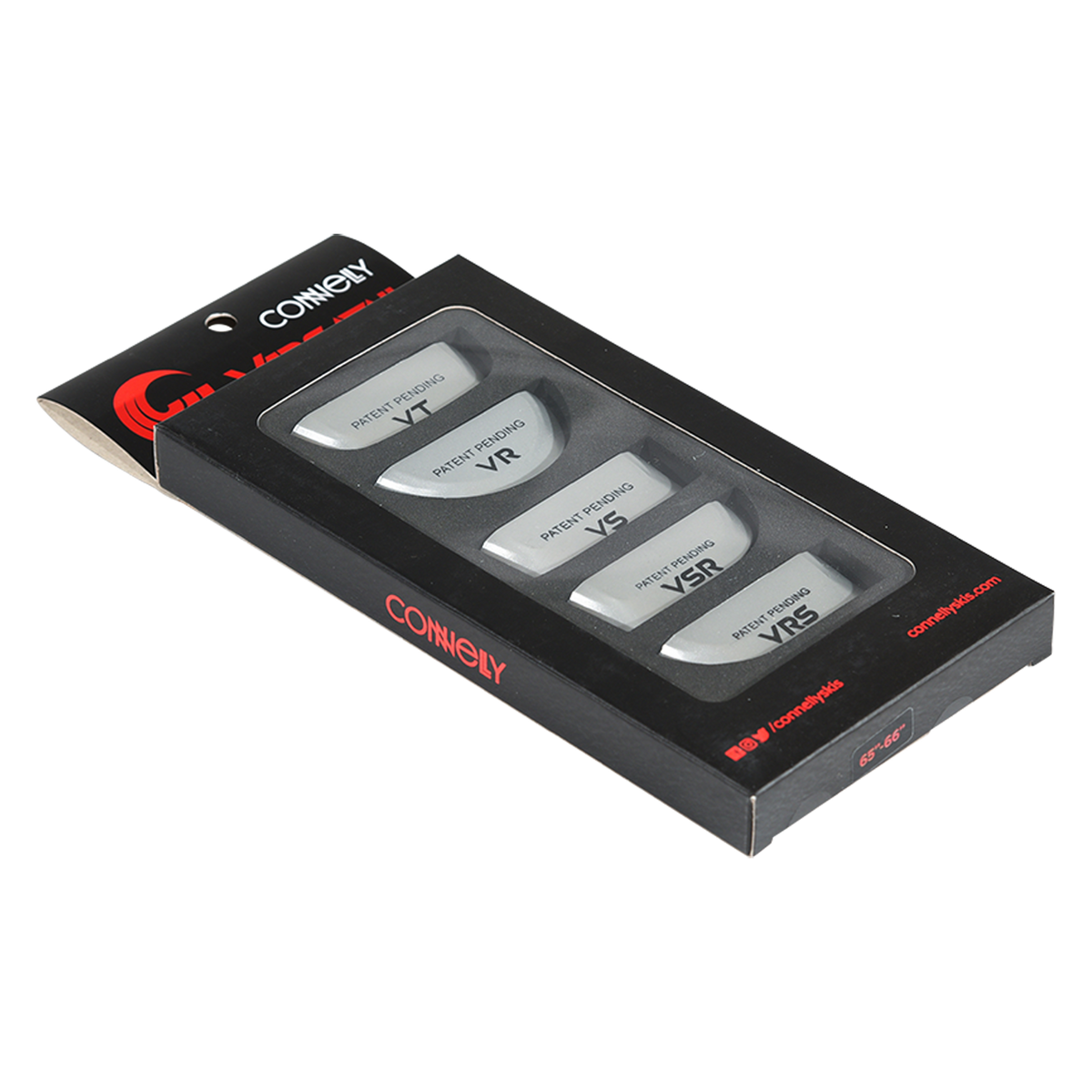 Angled view of the Versatail Kit for 67"-68" skis in black packaging with multiple tail pieces.