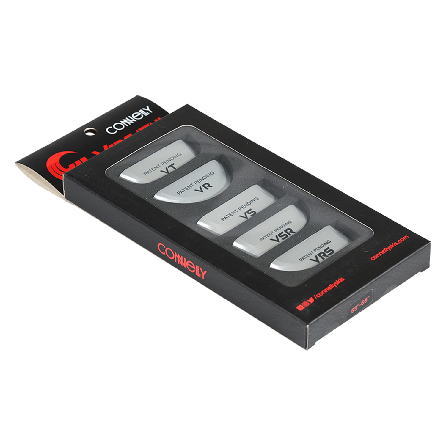 Angled view of the Versatail Kit for 67"-68" skis in black packaging with multiple tail pieces.