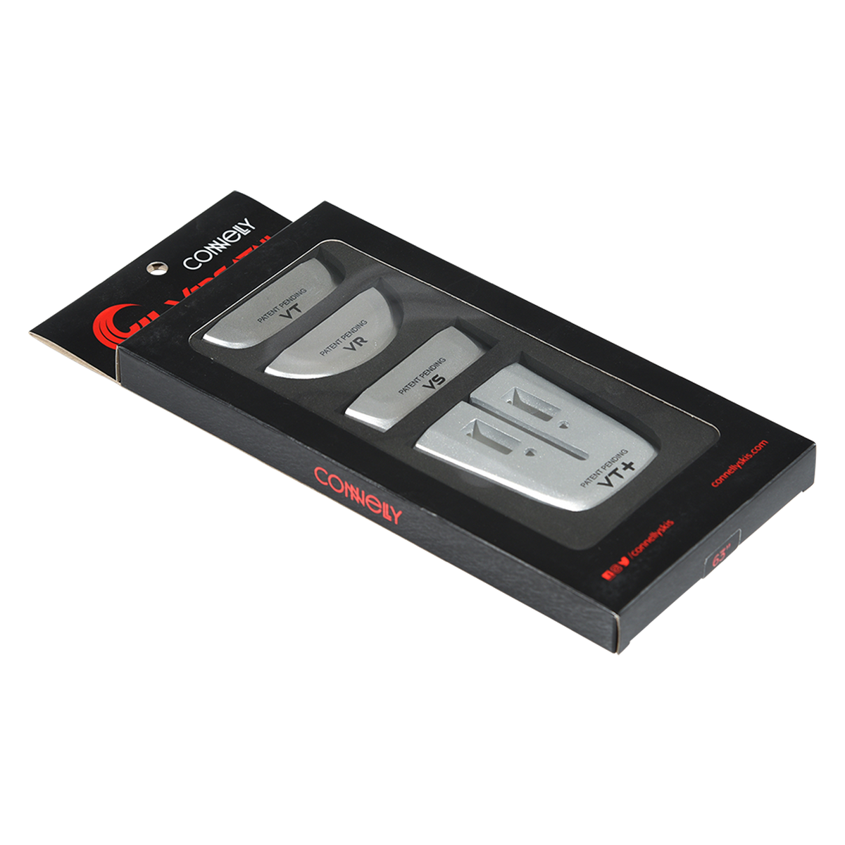 Angled view of the Versatail Kit for 63" skis in black packaging with multiple tail pieces.