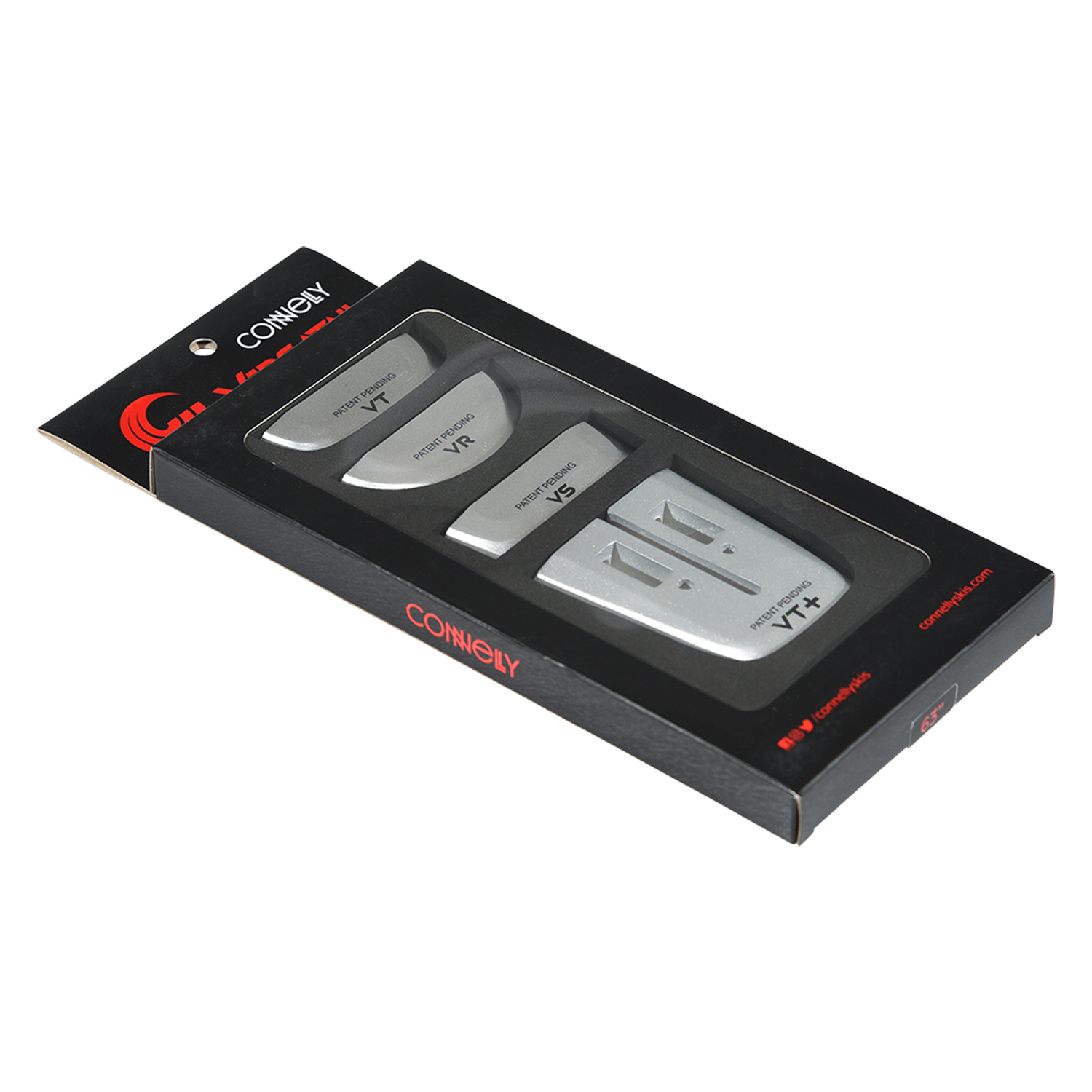 Angled view of the Versatail Kit for 63" skis in black packaging with multiple tail pieces.