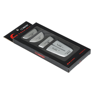 Angled view of the Versatail Kit for 63" skis in black packaging with multiple tail pieces.