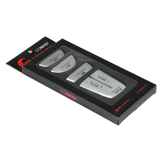 Angled view of the Versatail Kit for 63" skis in black packaging with multiple tail pieces.