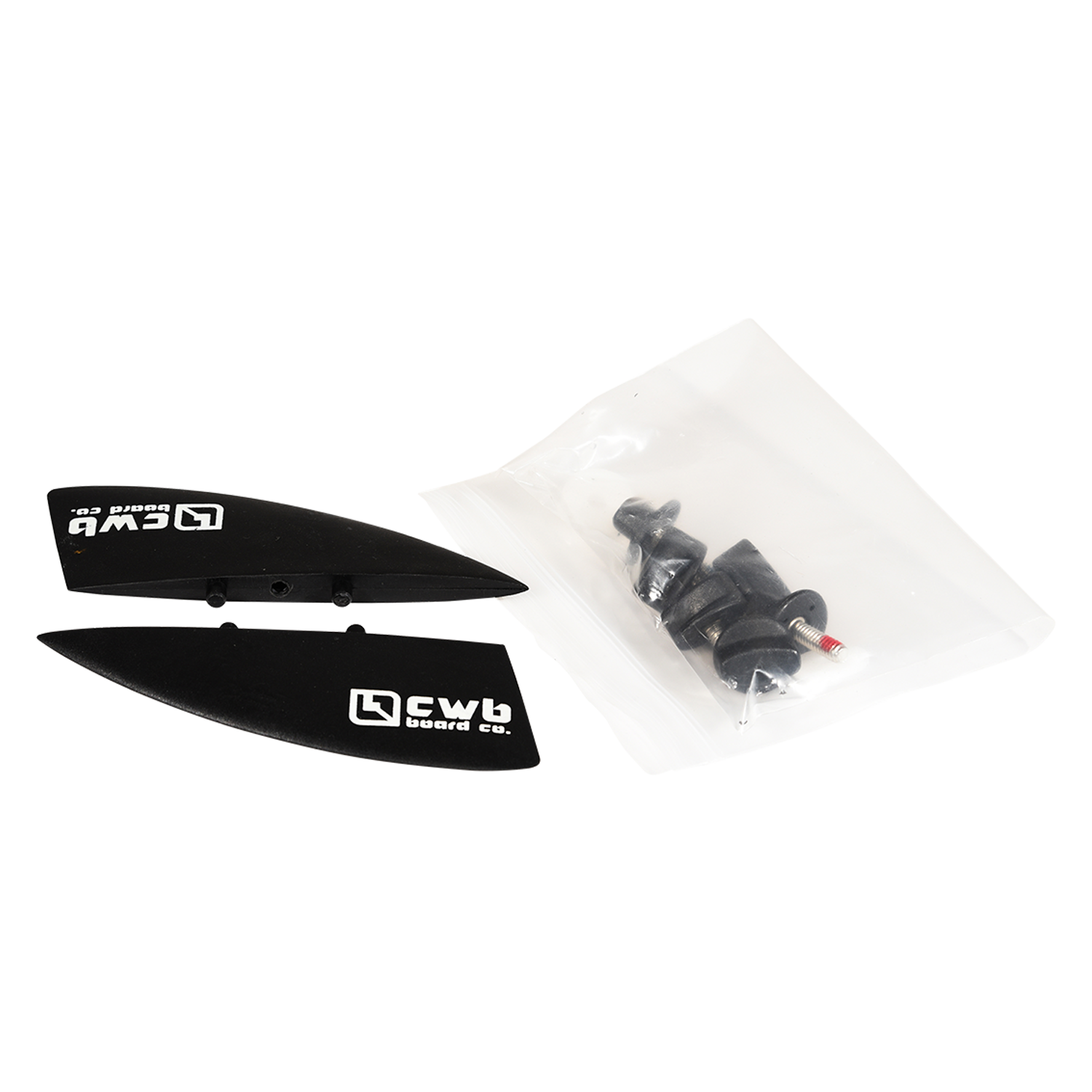 Top view of the Wakeboard Fin Kit with two fins and hardware bag.