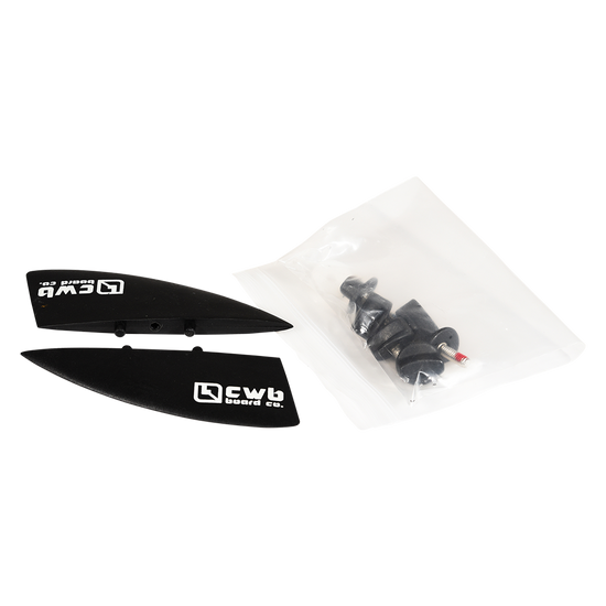 Top view of the Wakeboard Fin Kit with two fins and hardware bag.