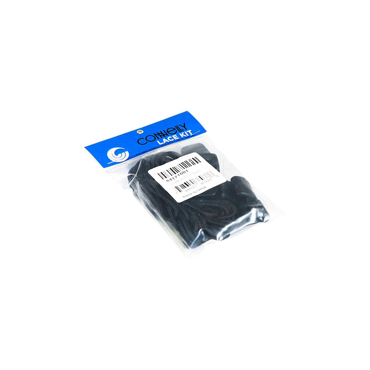 Front view of black Wakeboarding Binding Laces in retail packaging.