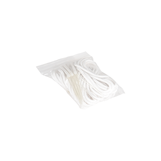 Top view of white Wakeboarding Binding Laces bundled in a clear plastic bag.