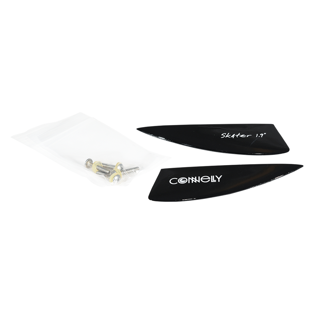 Top view of the 1.9" Wakeboard Skater Fin set with screws in a clear bag.