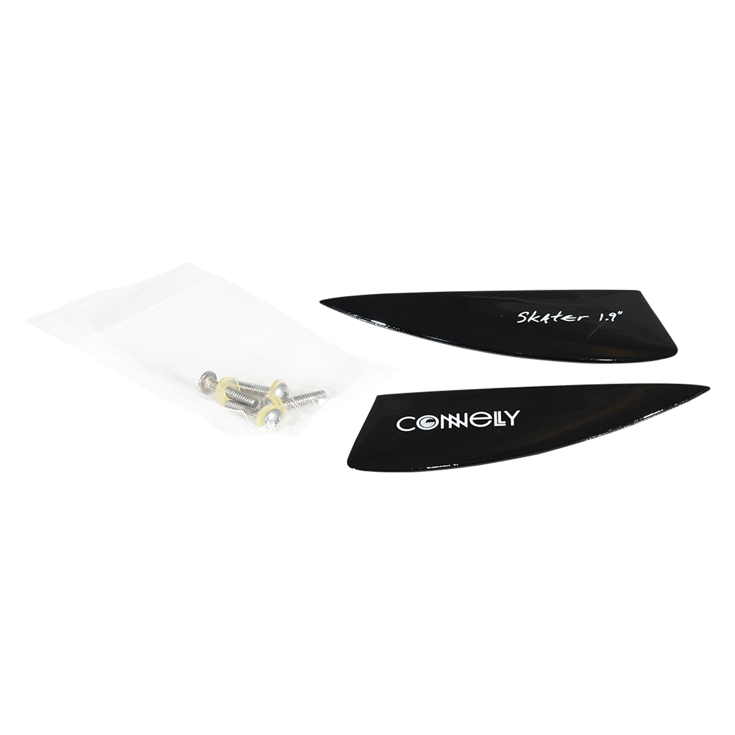 Top view of the 1.9" Wakeboard Skater Fin set with screws in a clear bag.