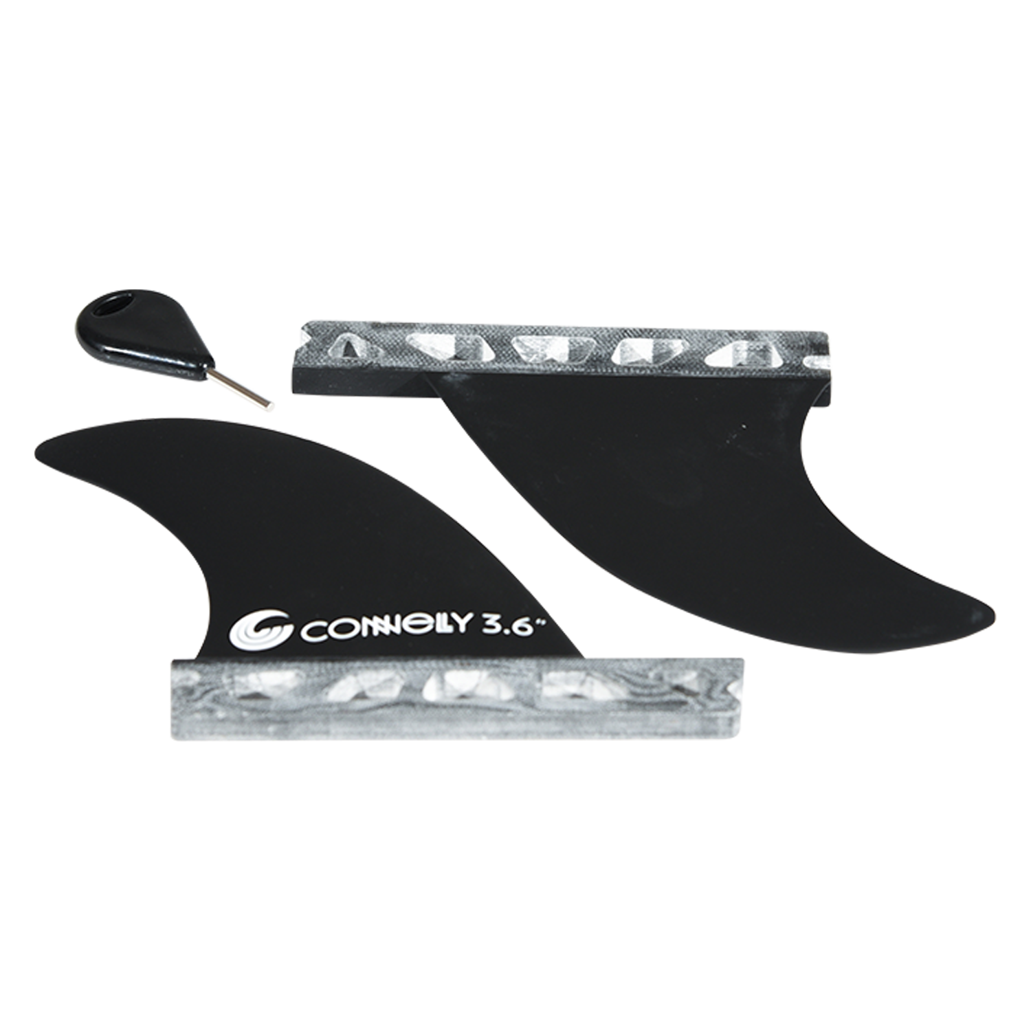 Top view of the 3.6" Surf Fins for Futures System with key and bases.