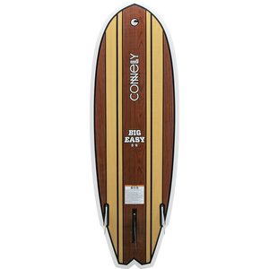 Bottom view of the Big Easy wakesurfer showcasing a woodgrain design with brown accents and stripes.