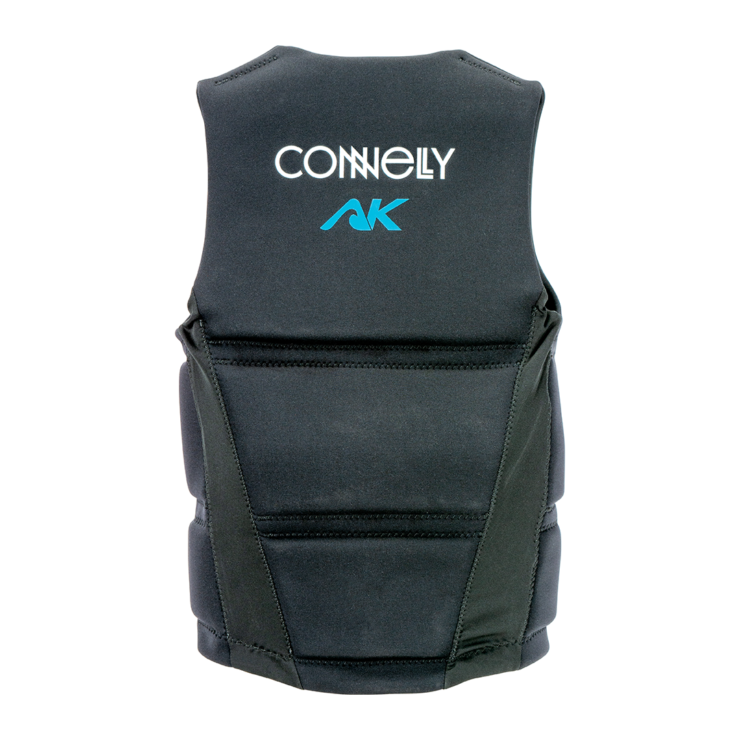 Back view of the Men's AK NCGA vest, featuring a black design with Connelly and AK branding in white and blue.
