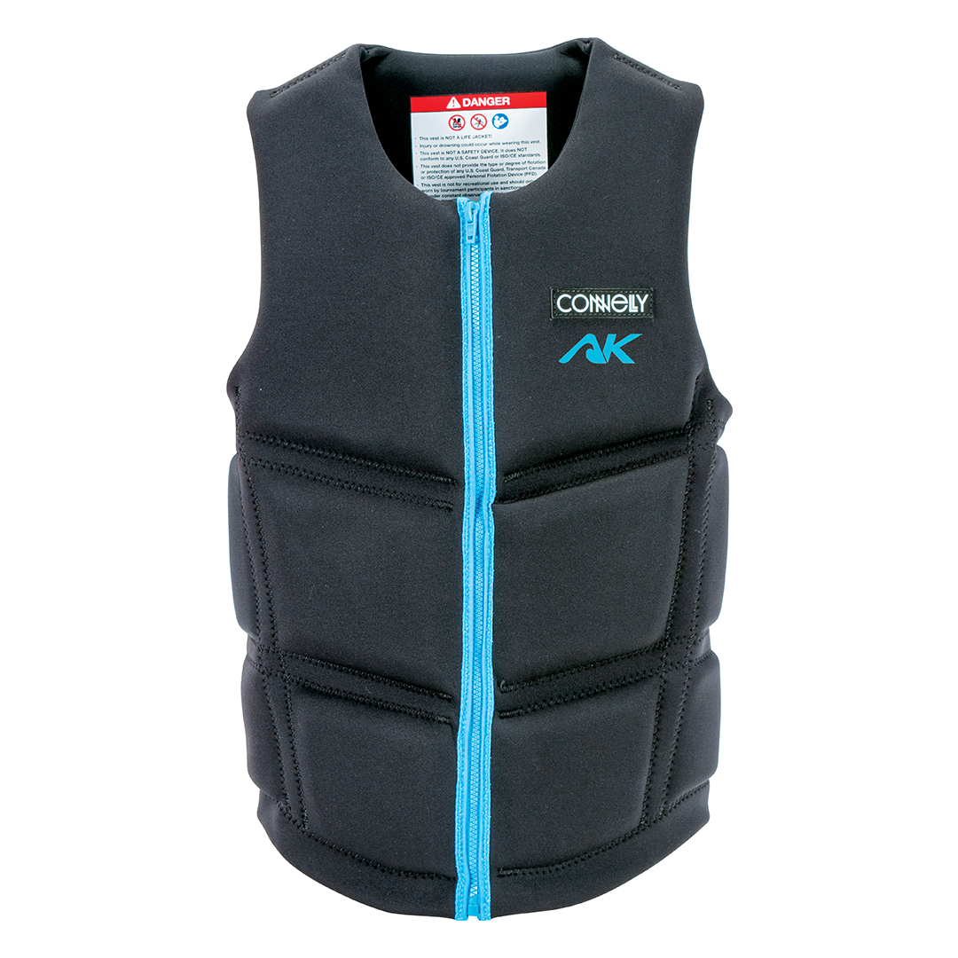Front view of the Men's AK NCGA vest, showing a black design with foam panels, a blue zipper, and Connelly AK branding.