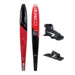 Top and bottom view of the Connelly Aspect slalom ski in red and black with Shadow front boot and Lace Adjustable RTP.