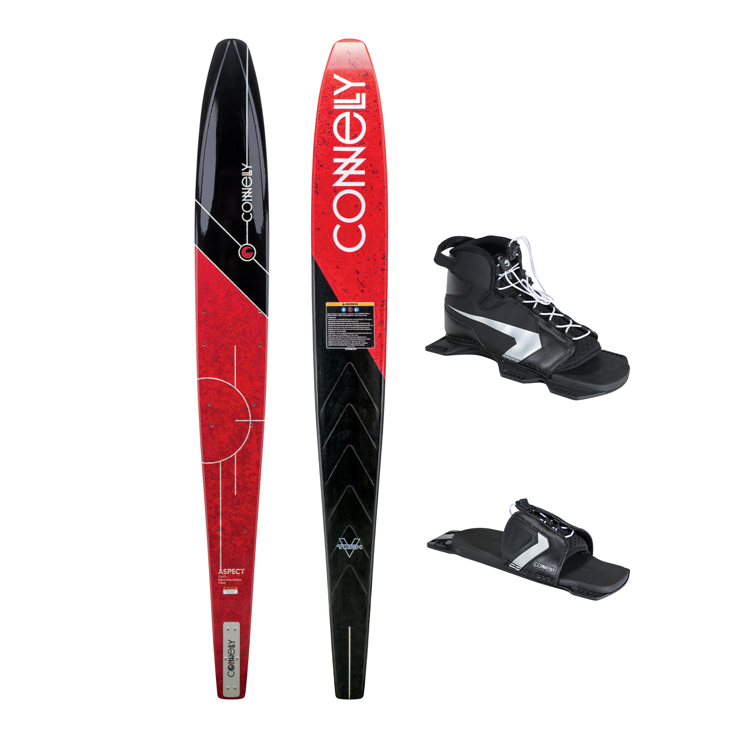 Top and bottom view of the Connelly Aspect slalom ski in red and black with Shadow front boot and Lace Adjustable RTP.