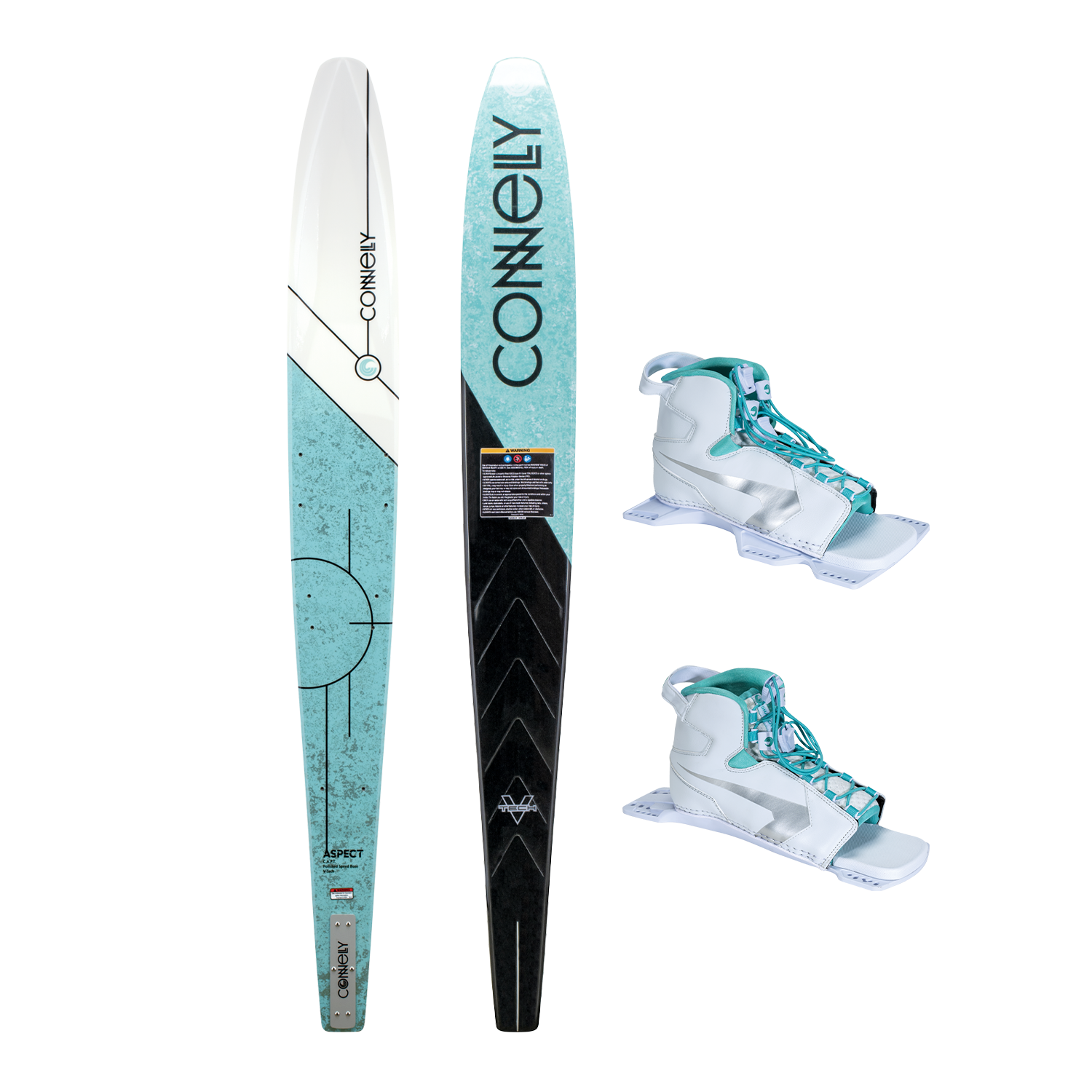 Front and base view of the Women's Aspect w/Double Shadow Boots, featuring a teal and white ski with matching bindings.
