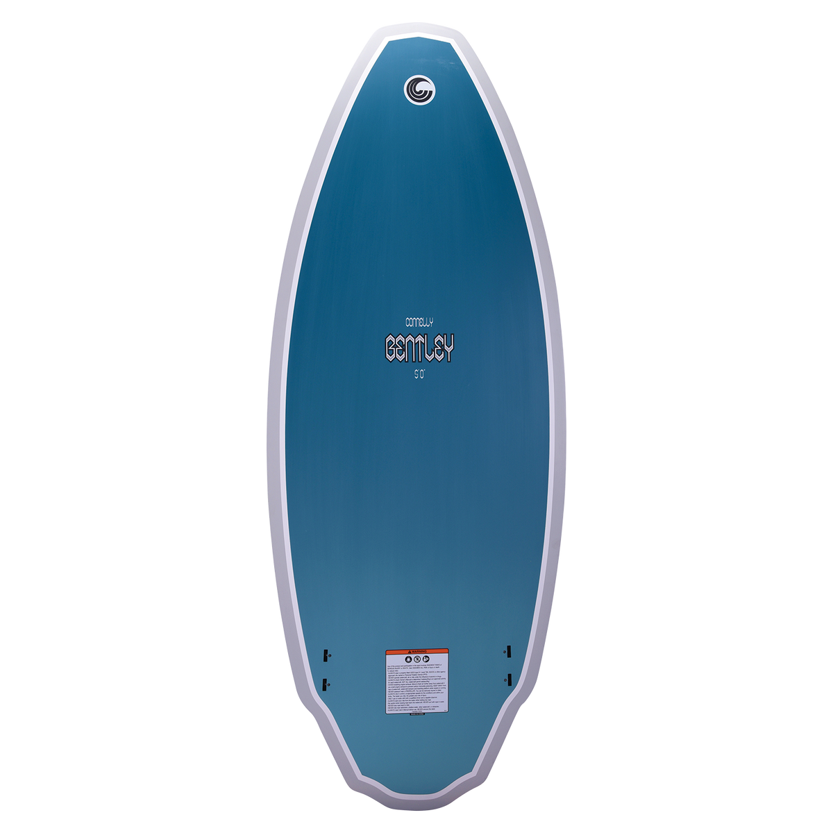 Connelly Bentley wakesurf board, bottom view. Solid blue finish with the Connelly logo and twin fin setup.