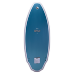 Connelly Bentley wakesurf board, bottom view. Solid blue finish with the Connelly logo and twin fin setup.