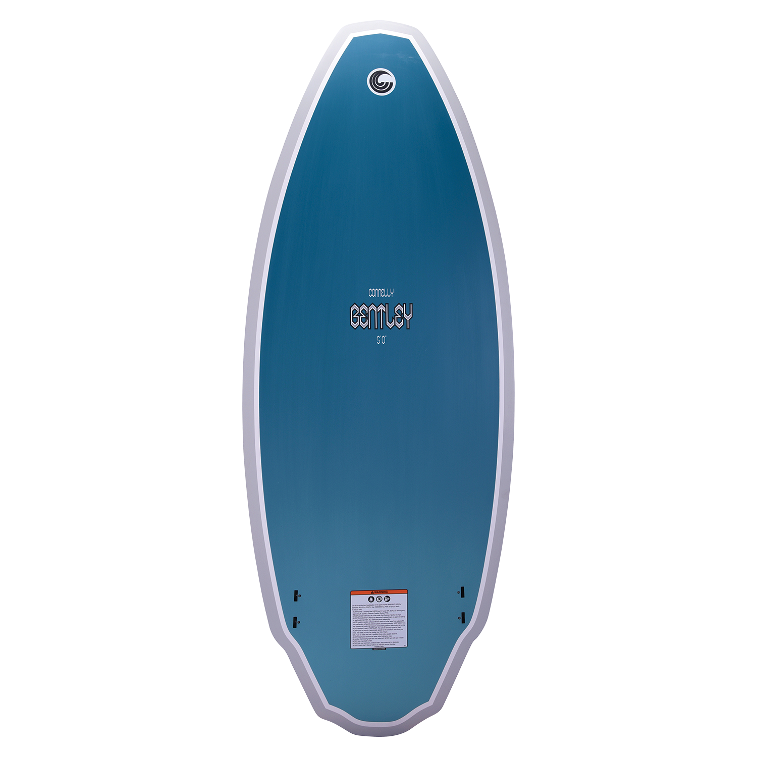 Connelly Bentley wakesurf board, bottom view. Solid blue finish with the Connelly logo and twin fin setup.