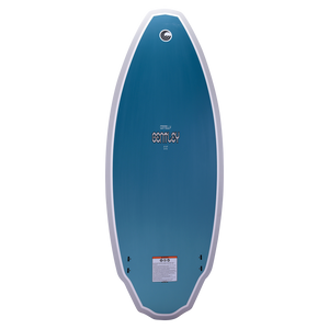Connelly Bentley wakesurf board, bottom view. Solid blue finish with the Connelly logo and twin fin setup.