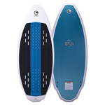 Connelly Bentley wakesurf board, top and bottom views. Blue base, twin fin setup, and black traction pad for control.