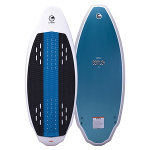 Connelly Bentley wakesurf board, top and bottom views. Blue base, twin fin setup, and black traction pad for control.