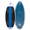 Connelly Bentley wakesurf board, top and bottom views. Blue base, twin fin setup, and black traction pad for control.
