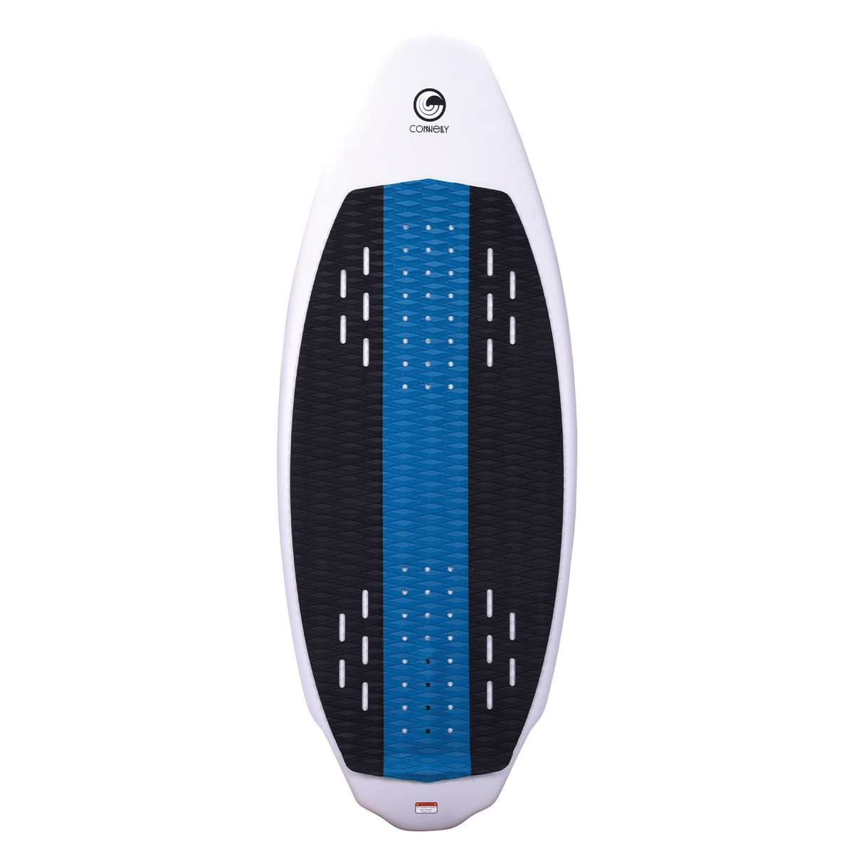 Connelly Bentley wakesurf board, top view. White with a blue and black traction pad for grip and stability.