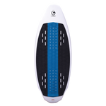 Connelly Bentley wakesurf board, top view. White with a blue and black traction pad for grip and stability.