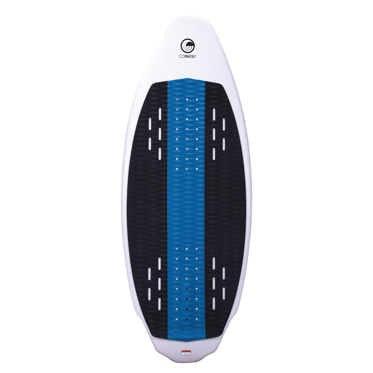 Connelly Bentley wakesurf board, top view. White with a blue and black traction pad for grip and stability.