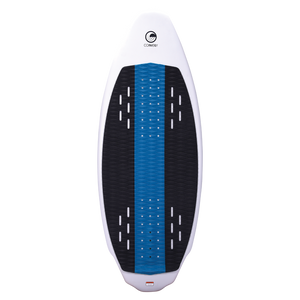 Connelly Bentley wakesurf board, top view. White with a blue and black traction pad for grip and stability.