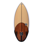 Connelly Benz wakesurf board, bottom view. Glossy woodgrain design with twin fin setup and Connelly logo.