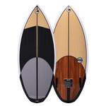 Connelly Benz wakesurf board, top and bottom views. Woodgrain base, twin fins, and black grip pad for stability.